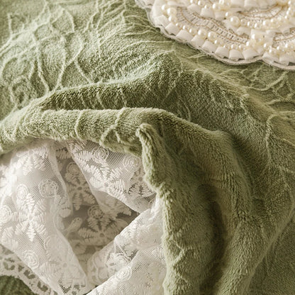 ™ Luxe Carved Velvet Lace Ruffles Bedding Set with Quilted Bed Skirt