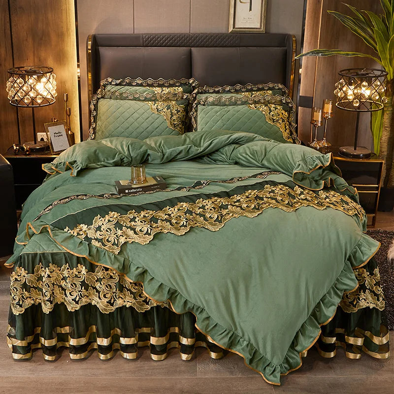 DecorBites™ Black Gold Lace Duvet Set, Luxury Crystal Velvet, Quilted Embroidery, Ruffle Bedding