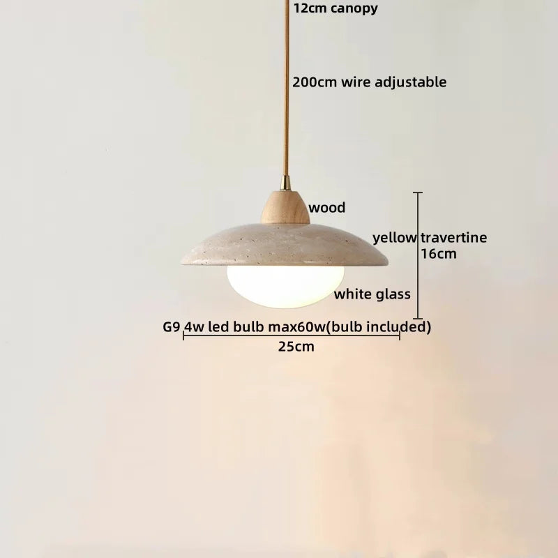 DecorBites™ LED Pendant Light: Japanese Style, Yellow Travertine Wood, Adjustable Hanging Lamp.
