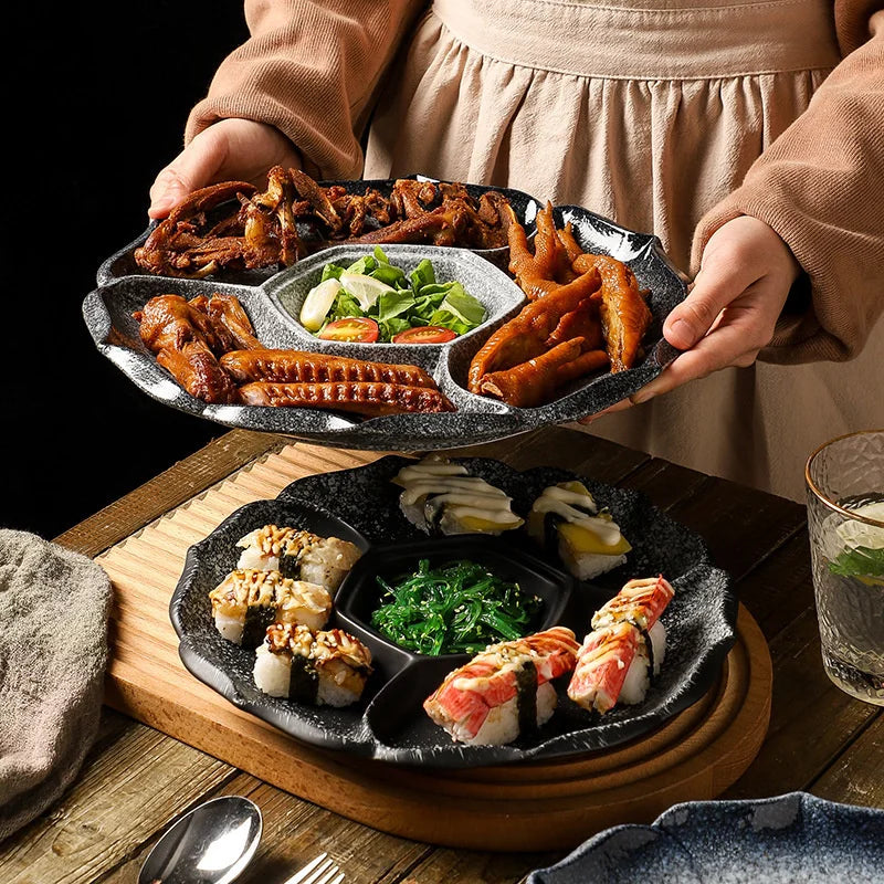 DecorBites™ Ceramic 4-Grid Dinner Plate - Retro Tableware for Fruits, Snacks, and Desserts