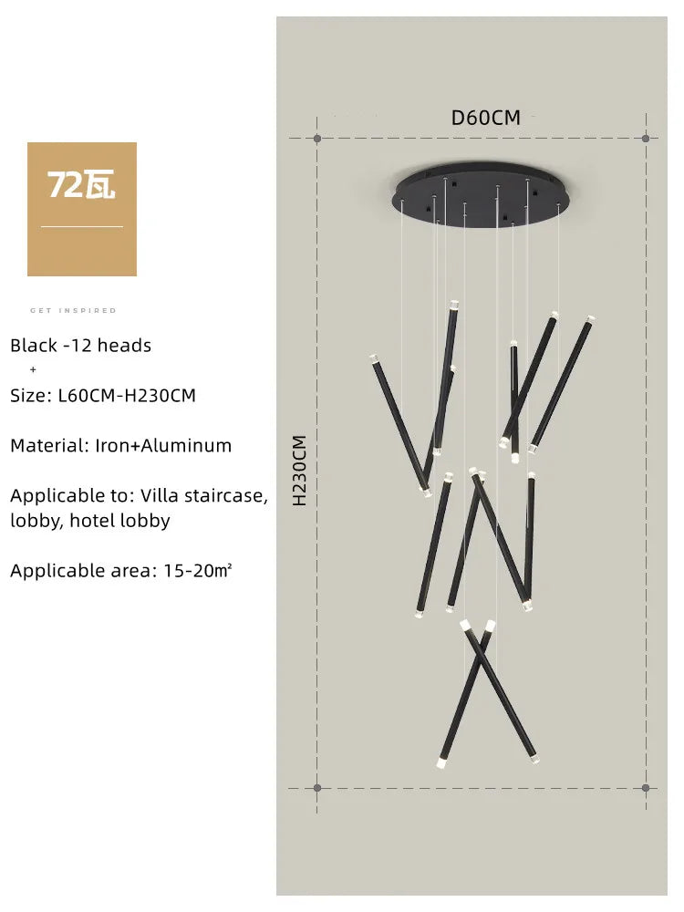 DecorBites™ Black Round Tube LED Chandelier for Duplex Loft Stair - Interior Lighting Decoration