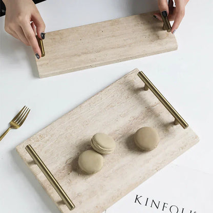 DecorBites™ Beige Travertine Stone Tray with Golden Metal Handle
