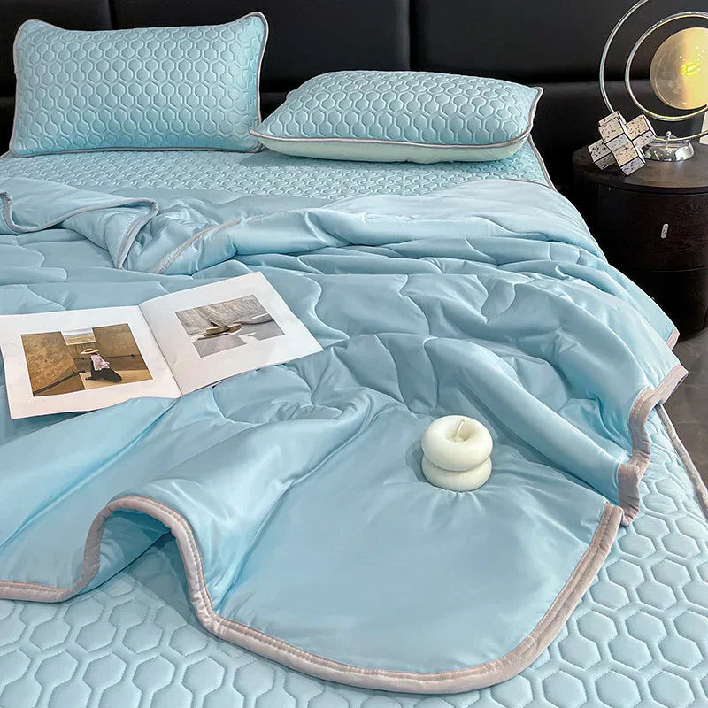 DecorBites™ Cool Feeling Ice Silk Summer Quilt Set Queen - Comforter, Fitted Sheet, Pillowcase