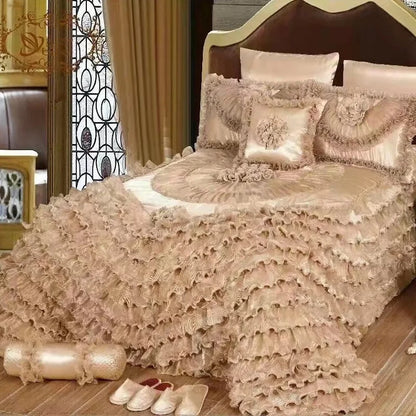 DecorBites™ Luxe Champagne Jacquard Lace Bedspread Set with Pillowcases
