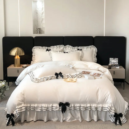 ™ Korean Lace Ruffles Bedding Set with Black Bow Accent