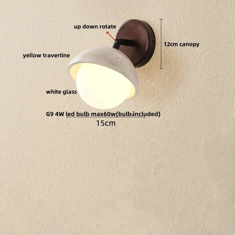 DecorBites™ LED Wall Sconce Yellow Travertine Stone Bedroom Study Cafe Wood Base Stair Light
