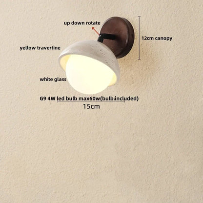 DecorBites™ LED Wall Sconce Yellow Travertine Stone Bedroom Study Cafe Wood Base Stair Light