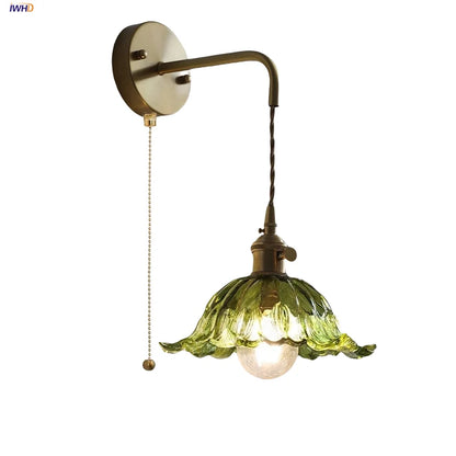 DecorBites™ Glass & Copper Green Flower LED Wall Sconce with Pull Chain