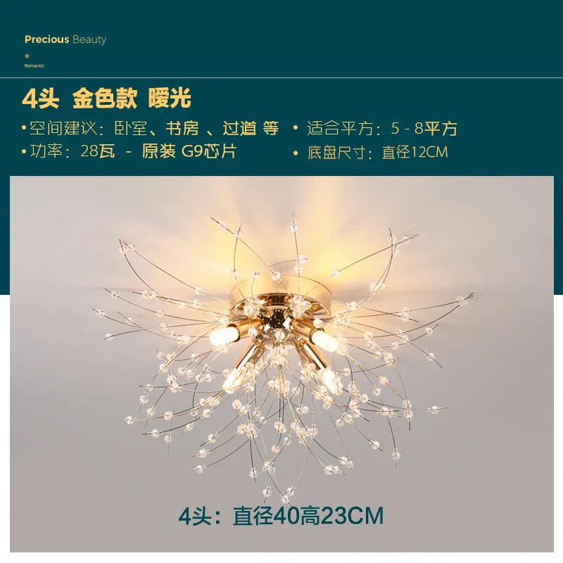 DecorBites™ Golden Dandelion Crystal Chandelier: Warm Nordic LED Ceiling Lamp for Romantic Living Room.