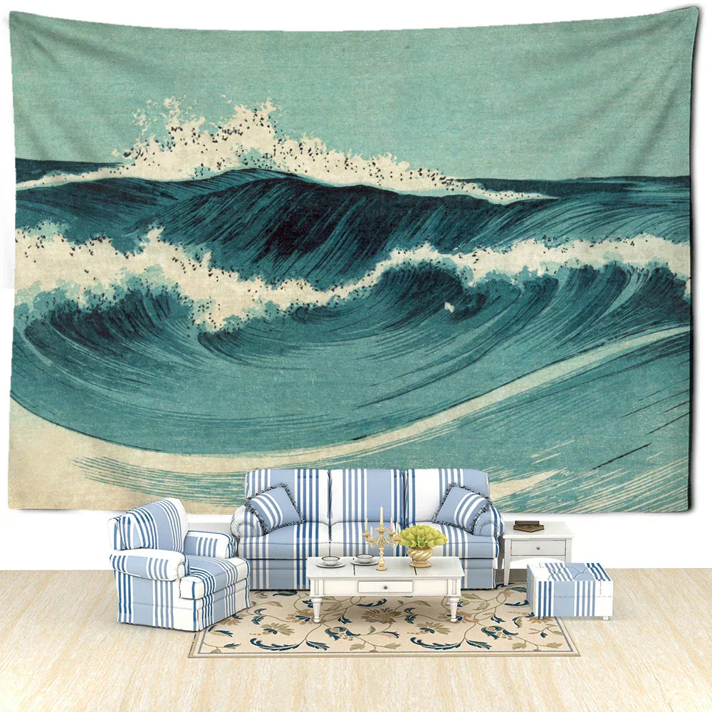 DecorBites™ Blue Wave Oil Painting Tapestry Wall Hanging for Bohemian Style Room Decor