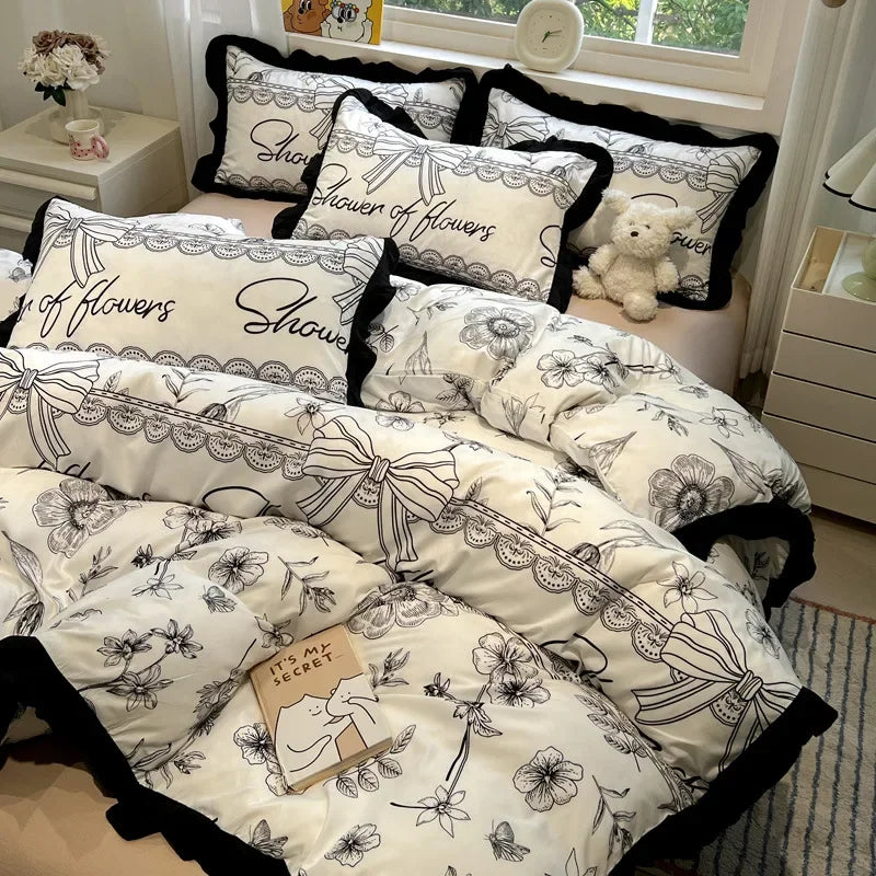 DecorBites™ Black White Printed Bed Skirt Bedding Set - Cozy Skin Friendly Linens