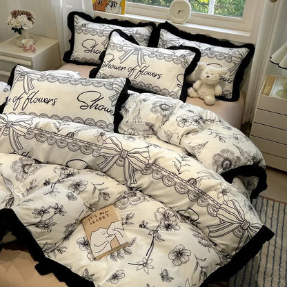 DecorBites™ Black White Printed Bed Skirt Bedding Set - Cozy Skin Friendly Linens