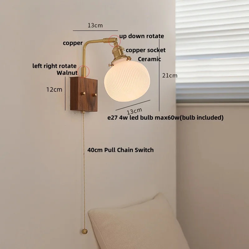 ™ Globe Ceramic Walnut Wood Wall Light with Pull Chain Switch and Rotatable Design