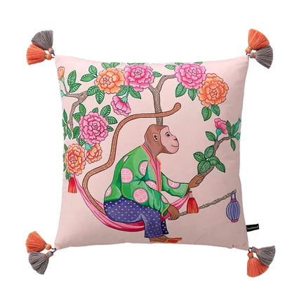 DecorBites™ Chinoiserie Monkey Umbrella Peonies Roses Pillowcase | Eclectic Home Decor