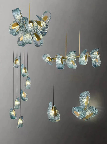 DecorBites™ LED Art Deco Blue Peacock Leaf Copper Ceiling Chandelier for Living Room