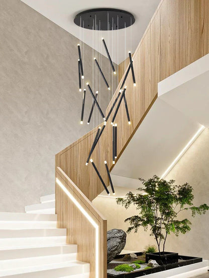 DecorBites™ Black Round Tube LED Chandelier for Duplex Loft Stair - Interior Lighting Decoration