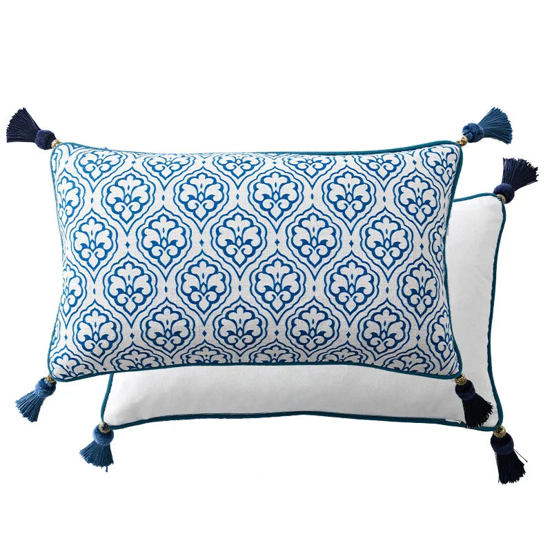DecorBites™ Chinoiserie Style Blue White Porcelain Birds Floral Lumbar Pillow Case