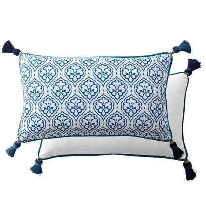 DecorBites™ Chinoiserie Style Blue White Porcelain Birds Floral Lumbar Pillow Case
