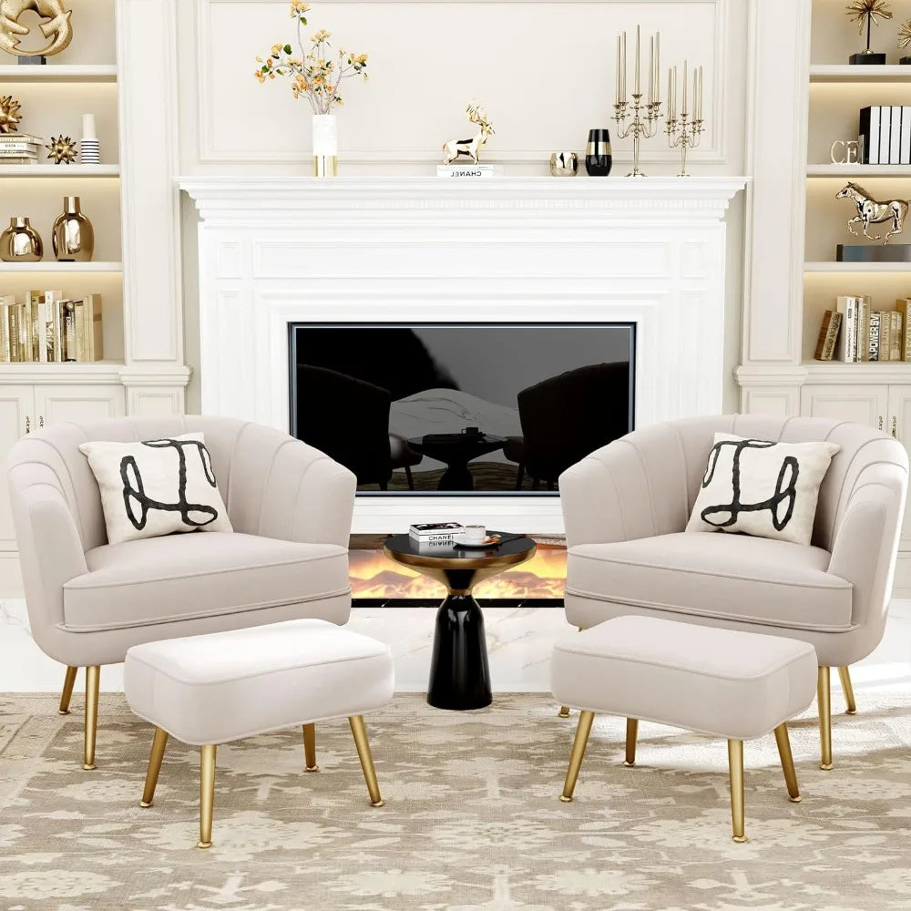 DecorBites™ Comfortable Beige Bucket Shaped Club Living Room Armchair with Golden Metal Legs
