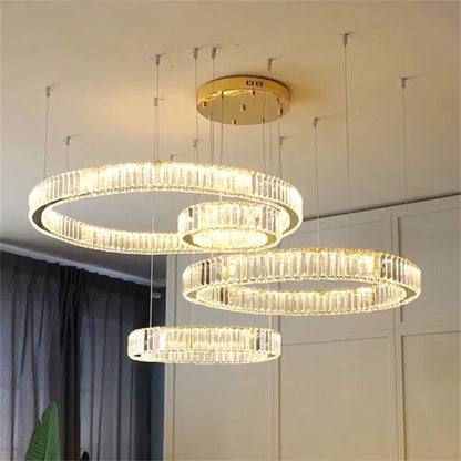 DecorBites™ Crystal LED Chandelier Rings Pendant Lamp Luxury Villa Stair Decoration