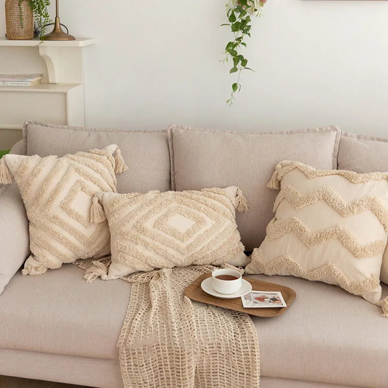 DecorBites™ Geometric Tufted Tassel Pillowcases Cotton Linen Handmade Fringed Throw Pillow Covers