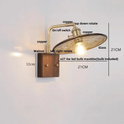 DecorBites™ LED Wall Light Walnut Wood Rotate Copper Bedside Lamp