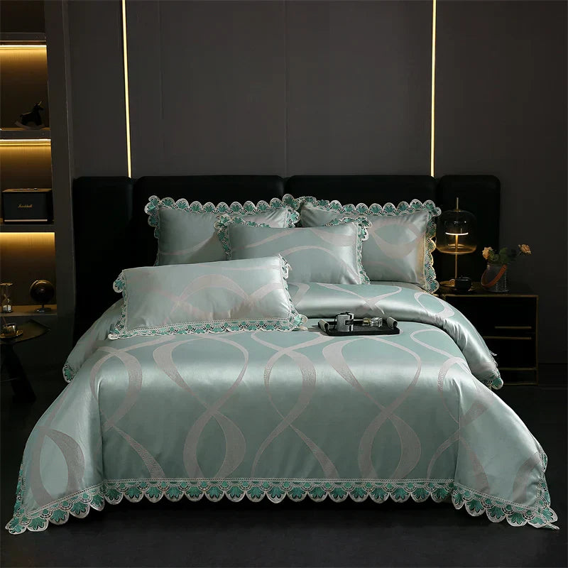 DecorBites™ Golden Jacquard Cotton Lace Bedding Set - Silky Soft Duvet Cover, Flat Sheet, Pillowcase