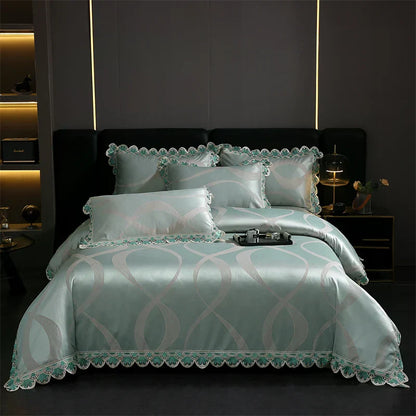 DecorBites™ Golden Jacquard Cotton Lace Bedding Set - Silky Soft Duvet Cover, Flat Sheet, Pillowcase