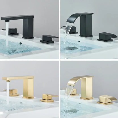 DecorBites™ Brushed Gold Black Dual Handle Waterfall Bathroom Sink Faucet, Deck Mounted