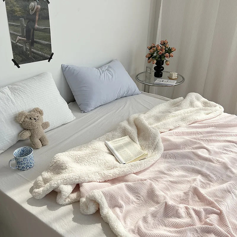 DecorBites™ Camellia Jacquard Lamb Wool Blanket - Double-Layer Cozy Quilt