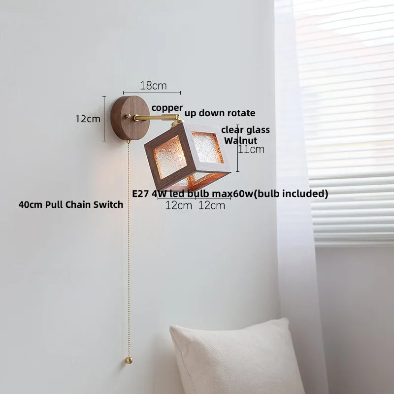 DecorBites™ LED Walnut Wood Wall Light Fixture Clear Glass Sconce Bedside Lamp