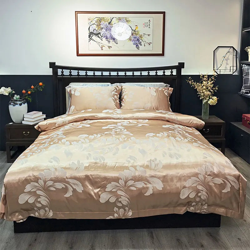 DecorBites™ Blue Satin Jacquard Queen Duvet Cover Set with Sheet & Pillowcases