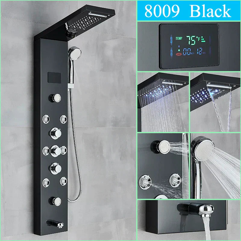 DecorBites™ LED Shower Panel Column Faucet with Rainfall Waterfall, Back Jet, Mixer Tap