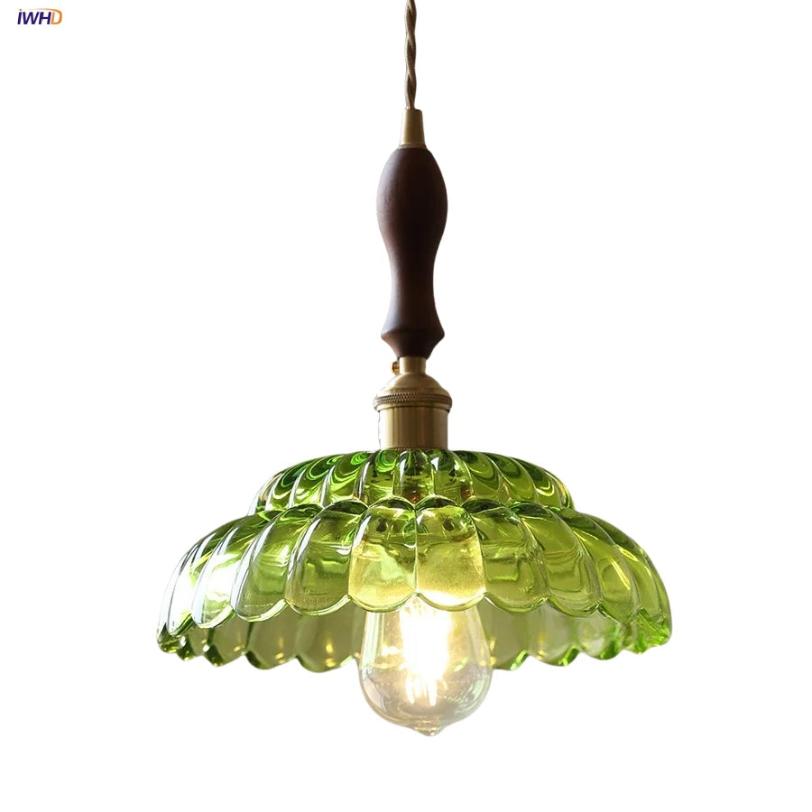 DecorBites™ LED Pendant Lamp with Adjustable Wire, Copper Socket, Walnut Wood, Green Glass