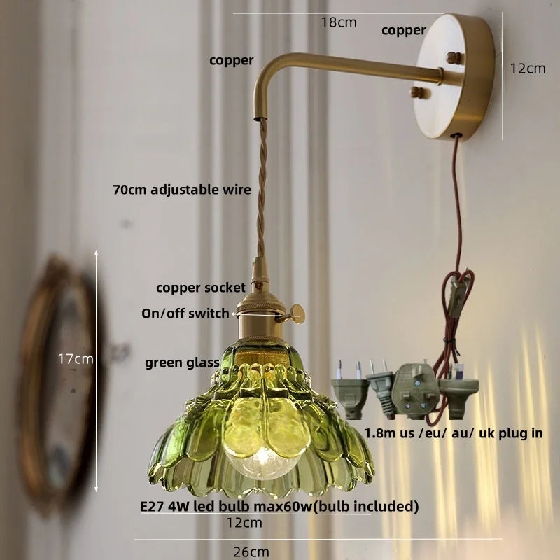 DecorBites™ Amber Glass LED Wall Light Pull Chain Switch Modern Flower Sconce