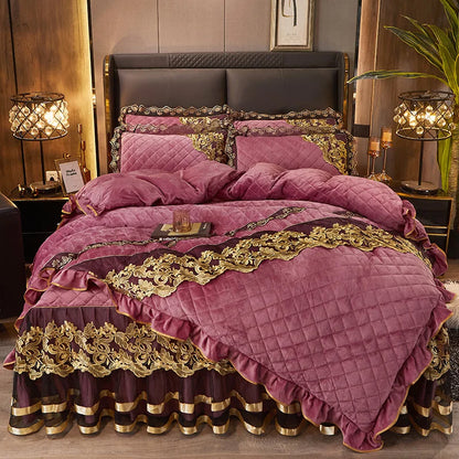 DecorBites™ Black Gold Luxury Crystal Velvet Bedding Set with Quilted Embroidery & Ruffles