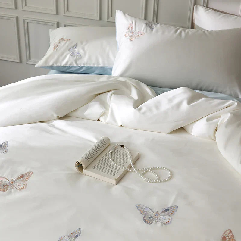 DecorBites™ Butterfly Embroidery Lyocell Cotton Bedding Set, Silky Soft Cool Feeling Sheets