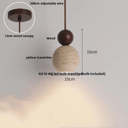 DecorBites™ Globe LED Pendant Light Yellow Travertine Stone White Glass Adjust Hang Lamp