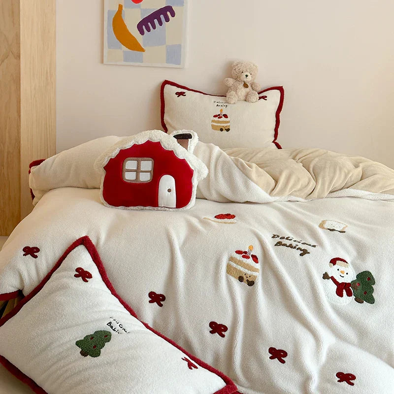 DecorBites™ Cartoon Embroidered Cashmere Winter Bedding Set - Queen Size
