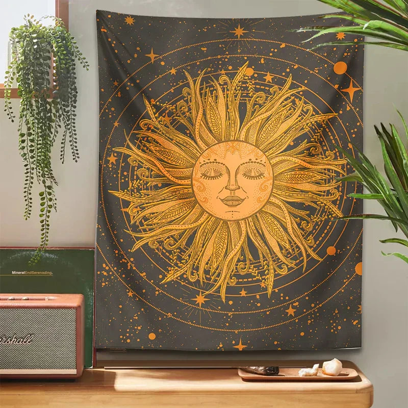 DecorBites™ Celestial Sun Moon Wall Tapestry: 70s Retro Psychedelic Room Decor Art