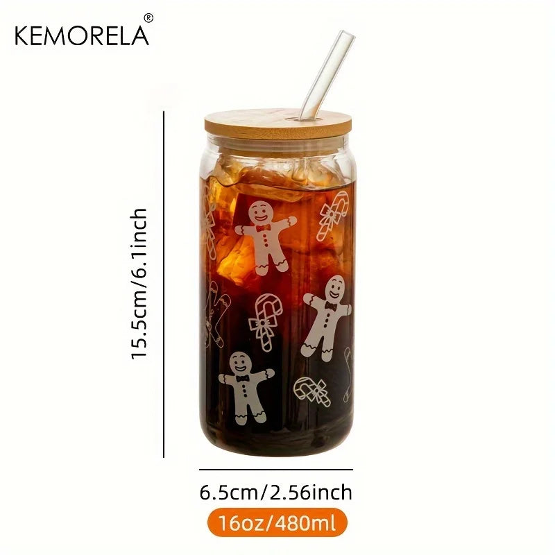 DecorBites™ Christmas Themed Glass Beer Can Mug with Lid and Straw | Festive Xmas Tree and Elk Design