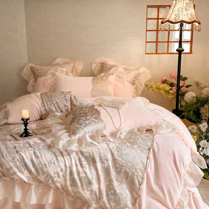 DecorBites™ French Lace Ruffles Princess Bedding Set with Warm Milk Velvet Duvet Cover