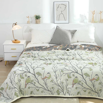 DecorBites™ Japanese Cotton Single Bedspread with Pillow Towel - Floral Birds Design