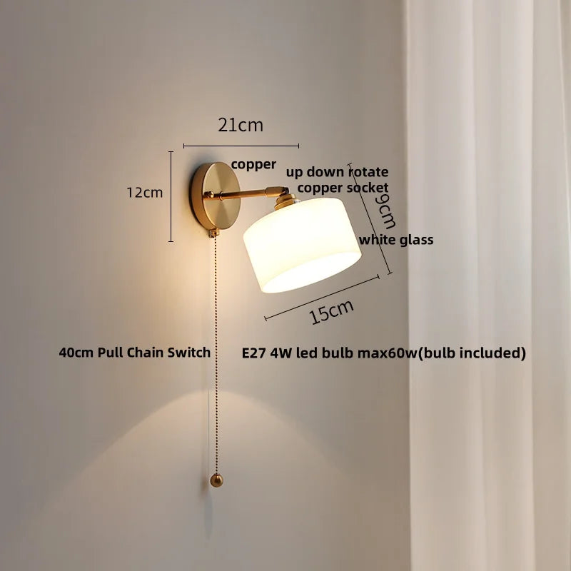 DecorBites™ Japanese Style LED Wall Sconce White Glass Rotate Pull Chain Stair Light Fixtures