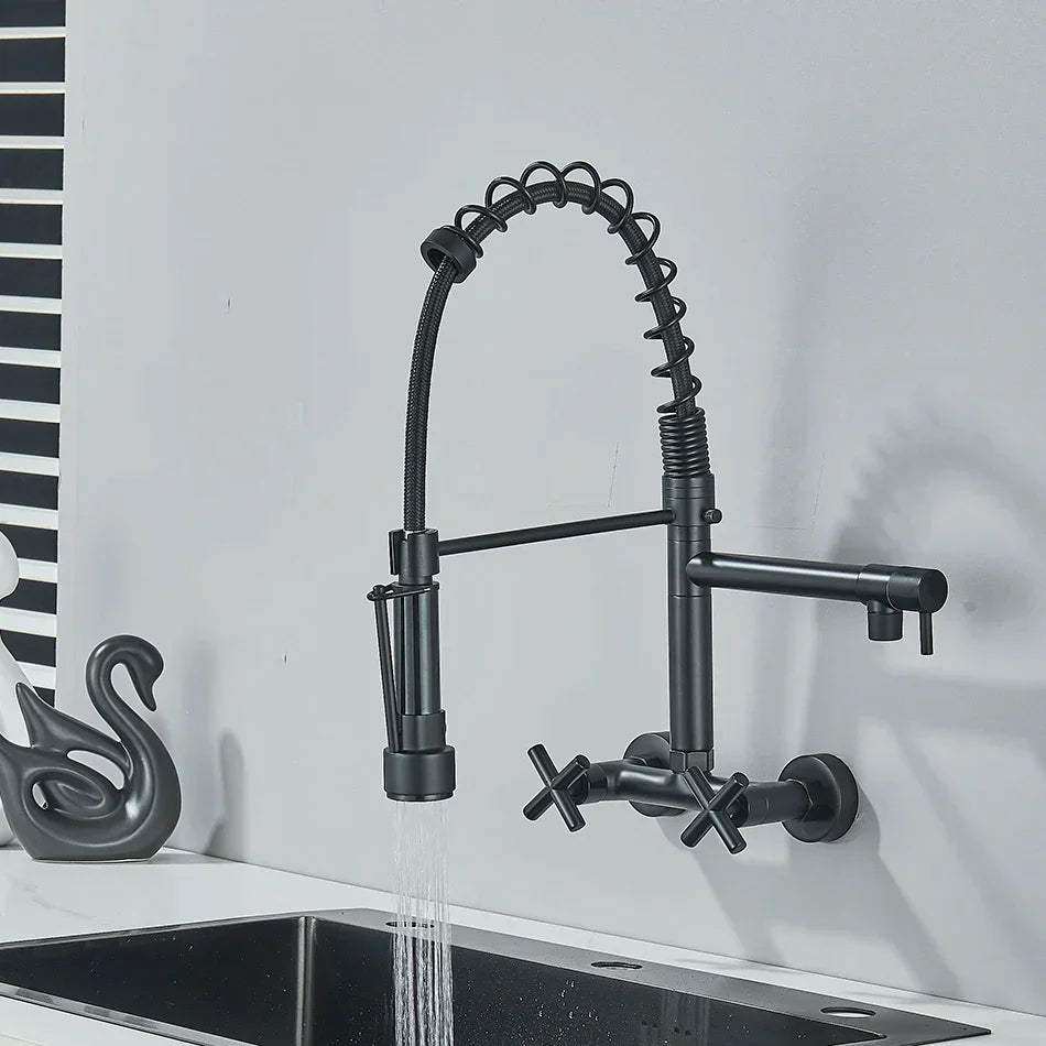 DecorBites™ Black Kitchen Faucet Wall Mounted Dual Swivel Spouts Vessel Sink Mixer Tap
