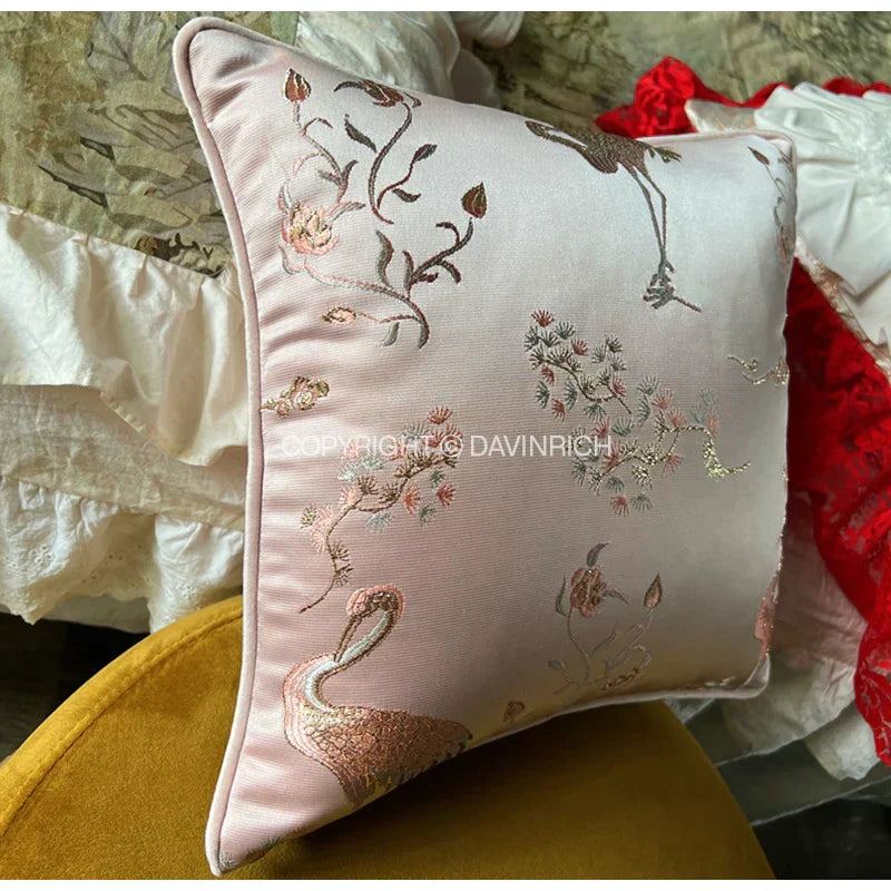 DecorBites™ Antique Crane Floral Jacquard Luxury Lumbar Pillow Case Square Gold Stitch