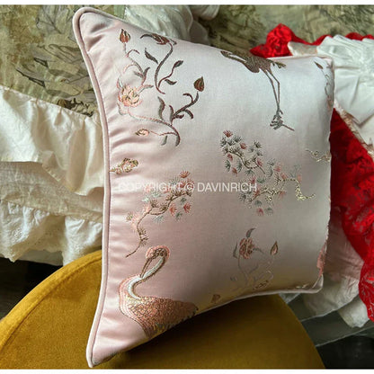 DecorBites™ Antique Crane Floral Jacquard Luxury Lumbar Pillow Case Square Gold Stitch