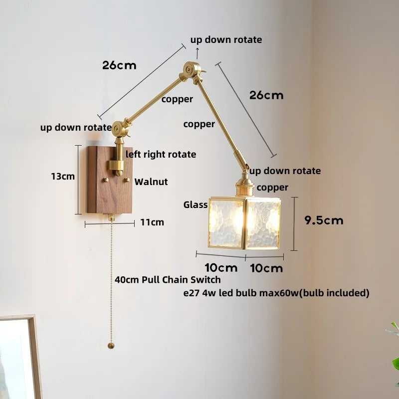 DecorBites™ Cube Glass LED Wall Sconce Walnut Wood Rotatable Mirror Light