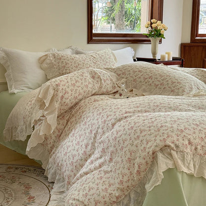 DecorBites™ Elegant Floral Lace Ruffles Bedding Set with Double Yarn - Soft Cotton Blend