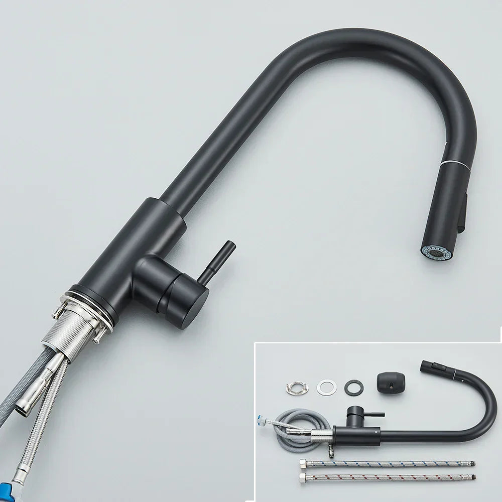 DecorBites™ Black Kitchen Faucet: Single Handle Pull Out Mixer, Two Function Hot and Cold Water Taps